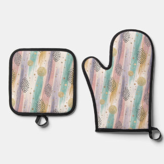 Pastelpenseelstreek & Goud Geometrisch Abstract Ovenwant & Pannenlap Set