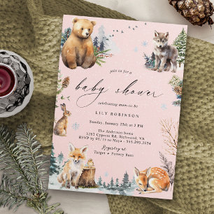 Pastelroze Cute Winter Bos Meisje Babyshower Kaart