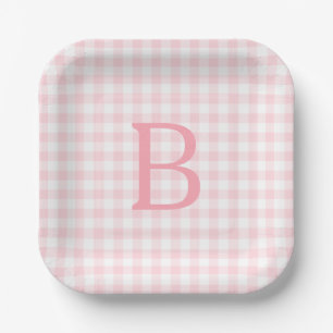 Pastelroze en wit geruit monogram papieren bordje