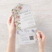 Pastelroze en witte bloemige moderne QR-code All In One Uitnodiging (Afscheurbaar)