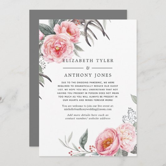 Pastelroze & grijs boho bloemmotief beperkte gastl aankondiging (Voorkant / Achterkant)