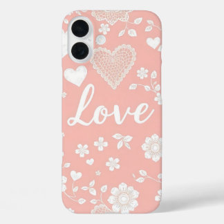 PASTELROZE MET WITTE HARTEN EN BLOEMEN iPhone 16 PLUS HOESJE