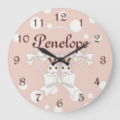 Pastelroze wit lint en knuffelkonijn tweeling grote klok (Voorkant)