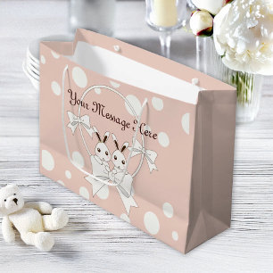 Pastelroze wit lint en tweelingkonijn groot cadeauzakje
