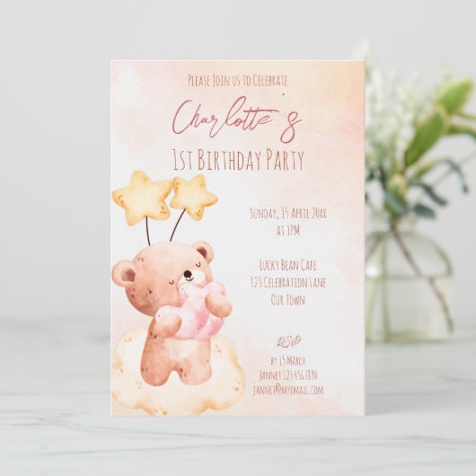 Pastelroze zoete teddybeer verjaardagsfeestje  kaart (Staand voorkant)