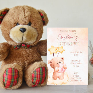 Pastelroze zoete teddybeer verjaardagsfeestje kaart