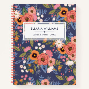Pastels & Dark Blue Boho Floral Pattern Name Notitieboek