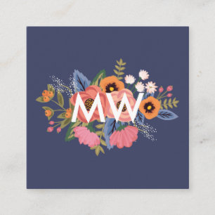 Pastels & Donkerblauw Boho Bloemboeket Monogram Vierkante Visitekaartje