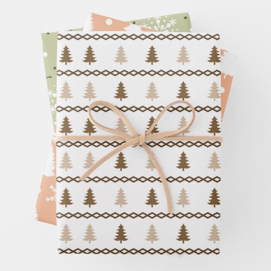 Pastels Groen wit Kerstboom Sneeuwvlokken Set Inpakpapier Vel (In situ)