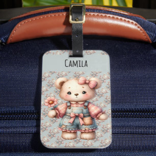 Pastelteddybeer die bloem vasthoudt die overalls d bagagelabel