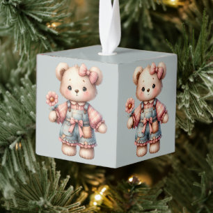 Pastelteddybeer die bloem vasthoudt die overalls d kubus ornament