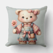 Pastelteddybeer die bloem vasthoudt die overalls d kussen (Voorkant)