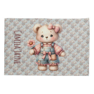 Pastelteddybeer die bloem vasthoudt die overalls d kussensloop