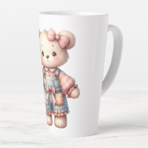 Pastelteddybeer die bloem vasthoudt die overalls d latte mok