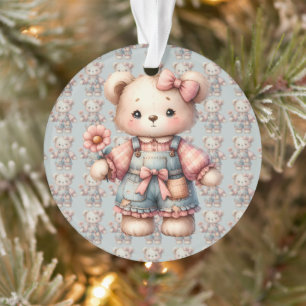 Pastelteddybeer die bloem vasthoudt die overalls d ornament