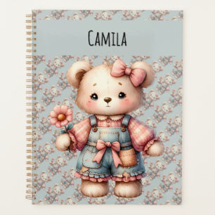 Pastelteddybeer die bloem vasthoudt die overalls d planner