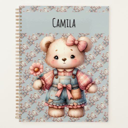Pastelteddybeer die bloem vasthoudt die overalls d planner (Voorkant)