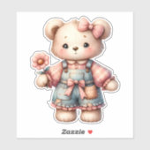 Pastelteddybeer die bloem vasthoudt die overalls d sticker (Vel)