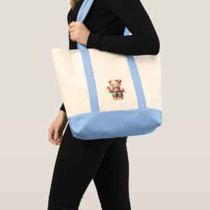 Pastelteddybeer die bloem vasthoudt die overalls d tote bag