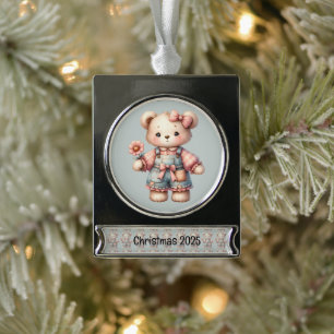 Pastelteddybeer die bloem vasthoudt die overalls d verzilverd banner ornament
