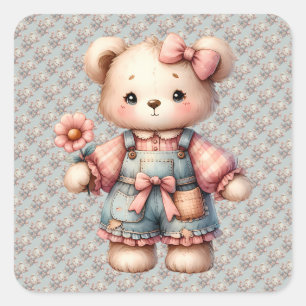 Pastelteddybeer die bloem vasthoudt die overalls d vierkante sticker