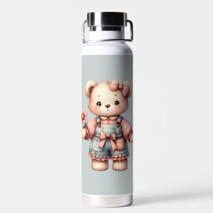 Pastelteddybeer die bloem vasthoudt die overalls d waterfles