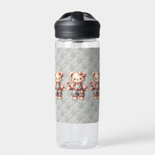 Pastelteddybeer die bloem vasthoudt die overalls d waterfles