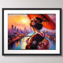 Pasteltekening Geisha Sunset Paraplu