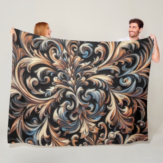 Pasteltekening Gouden Blauwe Damast Fleece Deken (In situ)