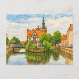 Pasteltekening van Danzigs oude molen op Radunia C Feestdagenkaart