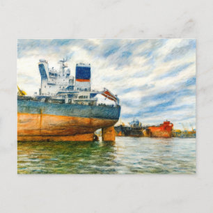Pasteltekening van vrachtschip in de haven van het feestdagenkaart