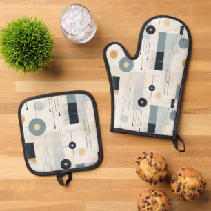 Pasteltinten midden van de eeuw geometrisch patroo ovenwant & pannenlap set