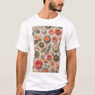 Pasteltuin: handgemaakte 3D-bloemenflat lay T-shirt