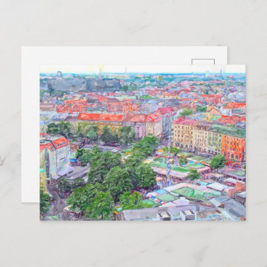 Pastelverf van de Viktualienmarkt van München. Briefkaart (Voorkant / Achterkant)