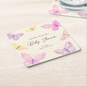 Pastelvlinders Roze Paarse Baby shower Vierkante Kartonnen Onderzetter