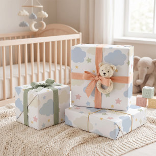Pastelwolken en sterren babyshower cadeaupapier