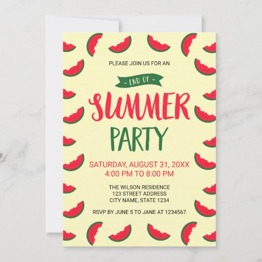 Pastèque Rouge Vert Fin d'été Invitation de fête (Devant)