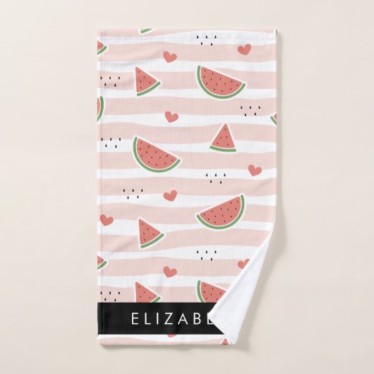 Pastèques Rouges, Coeurs, Bandes, Votre Nom (Serviette à main)