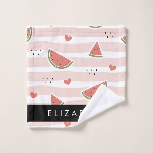 Pastèques Rouges, Coeurs, Bandes, Votre Nom (Gant de toilette)