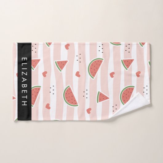 Pastèques Rouges, Coeurs, Bandes, Votre Nom (Serviette à main)