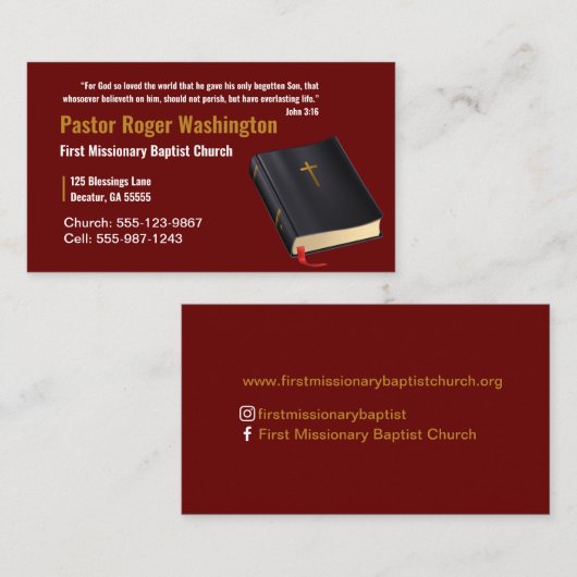 Pasteur ou diacre Bible Eglise Carte de visite (Devant / Derrière)