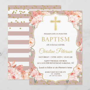 pastkoraal Floral Gold Cross-Girl Baptisme Kaart