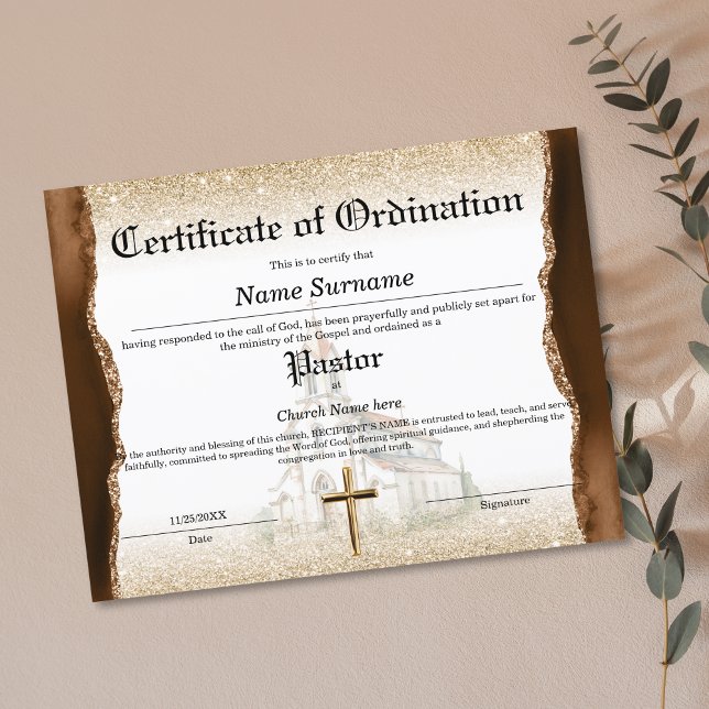 Pastor Church Certificaat van Ordinatie (church ordination certificate with brown agate and gold glitter combined with watercolor church )