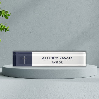 Pastor Modern Minimal Cross Navy White Church Naambordje