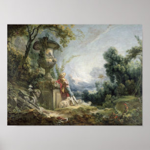 Pastorale Scene of Young Shepherd in een landschap Poster