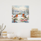 Pastorale waterverf Kerstmis scène twee robins Poster (Keuken)