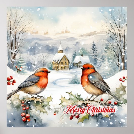 Pastorale waterverf Kerstmis scène twee robins Poster (Voorkant)