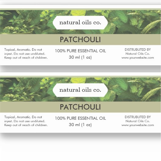 Patchouli Essential Oils Étiquette de bouteille de (Devant)