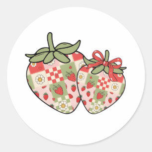 Patchwork Aardbei Hartjes Schattig Coquette Kunst Ronde Sticker