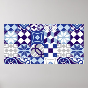  patchwork-achtergrond met traditioneel blauw poster